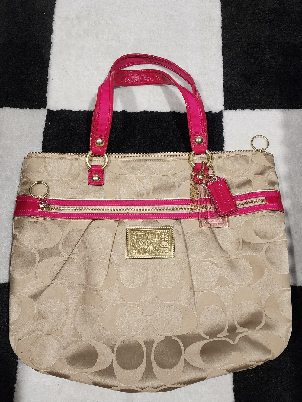 Coach Signature Tote in Beige with Pink Trim